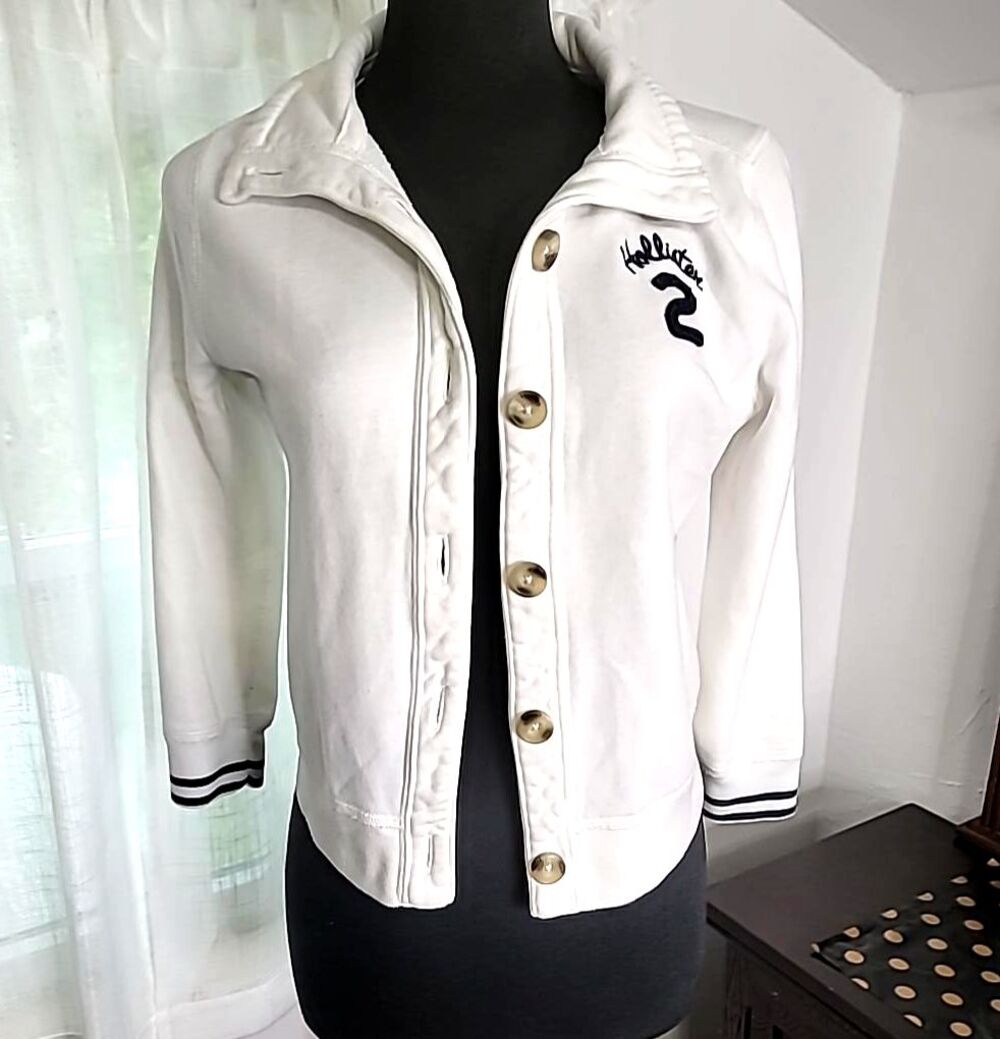 Vintage Y2K Hollister White Fleece Varsity Jacket Large Fits Small Medium 6 8